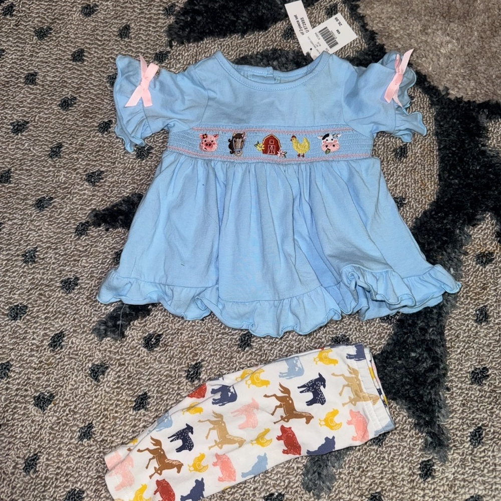Blue Ruffled Dress with Animal Print Leggings